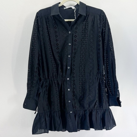 Thakoon Black Eyelet Button Up Mini Shirt Dress Ruched Sides Silk Size 0 NWT - Picture 1 of 7